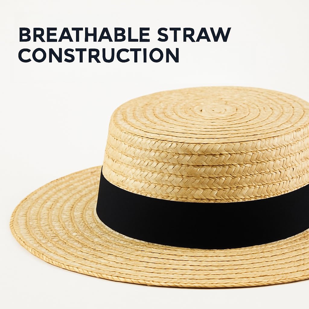 Straw Boater Hat for Men and Women, Flat Top Skimmer Hat for Amish Costumes