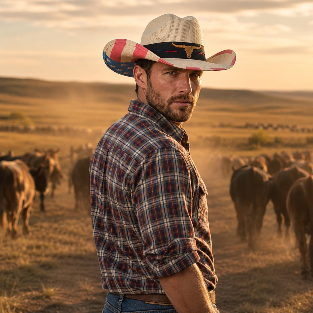 Maixora Cattleman Straw Western Cowboy Hat for Men Women, American Flag Hat