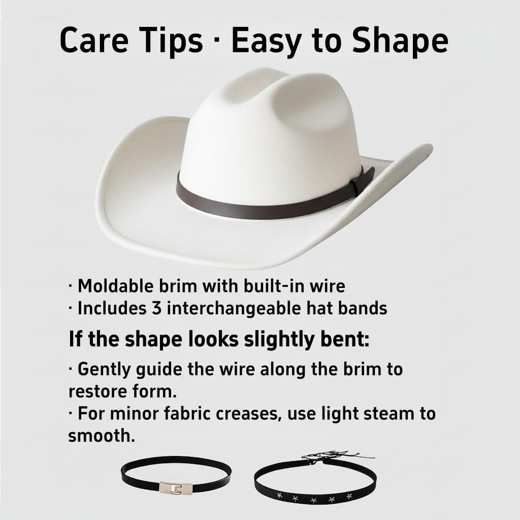 Maixora Western Cowboy Hat Men Women 3 Interchangeable Bands Wide Brim Felt Cattleman Cowboy Cowgirl Fedora Sheriff Costume