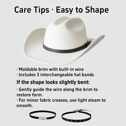 Maixora Western Cowboy Hat Men Women 3 Interchangeable Bands Wide Brim Felt Cattleman Cowboy Cowgirl Fedora Sheriff Costume