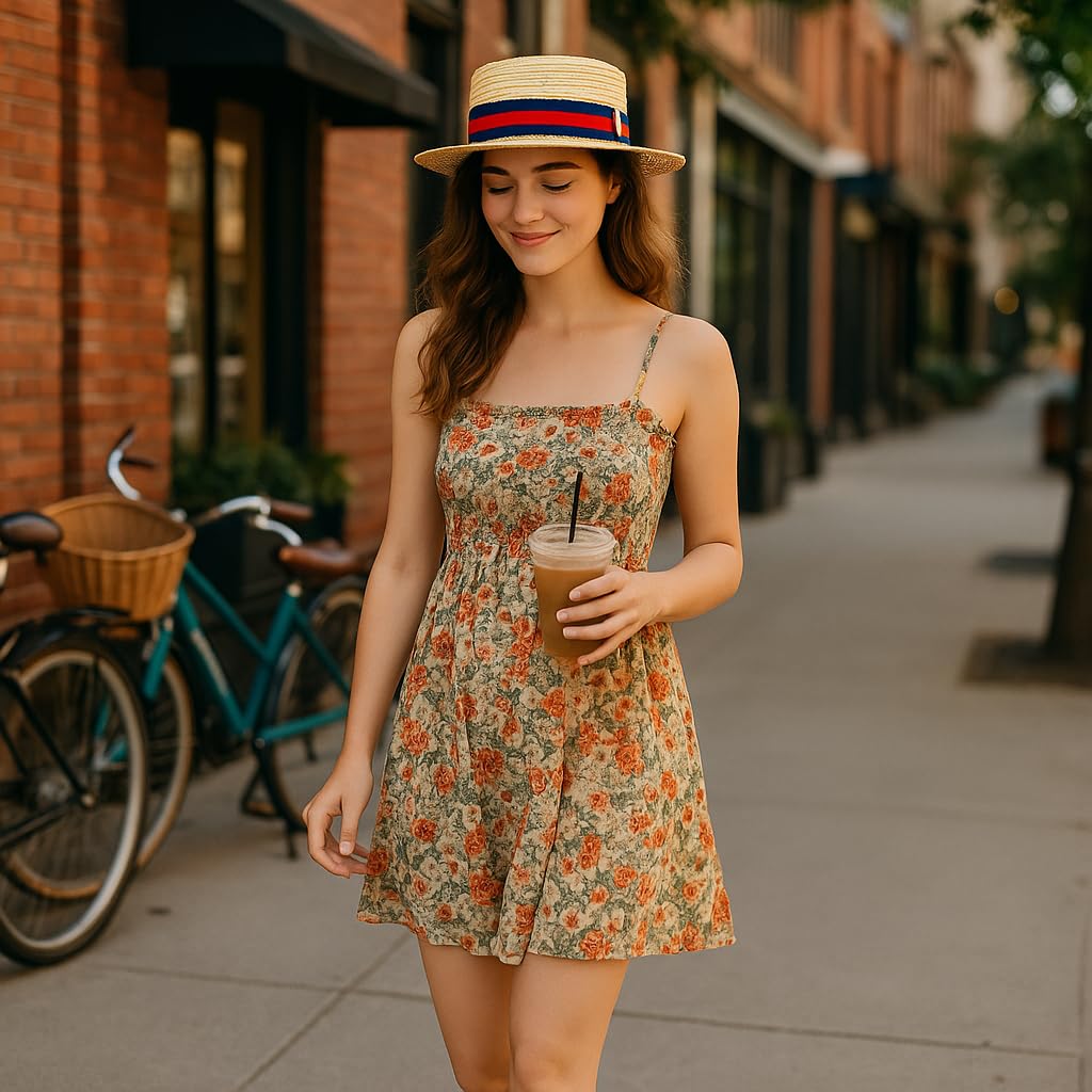 Straw Boater Hat for Men and Women, Flat Top Skimmer Hat for Amish Costumes
