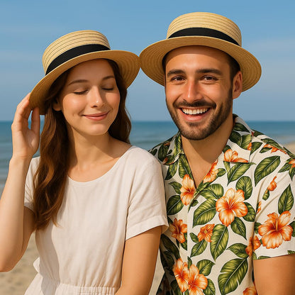 Straw Boater Hat for Men and Women, Flat Top Skimmer Hat for Amish Costumes