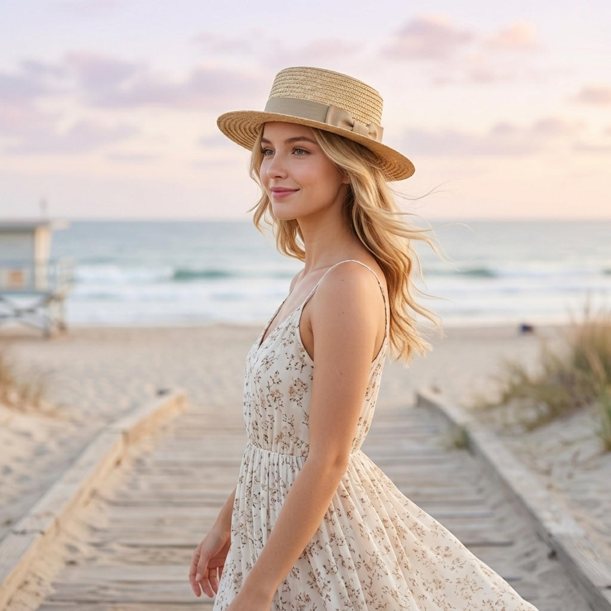Classic Straw Boater Hat for Men and Women,Vintage Skimmer Flat Top Hat