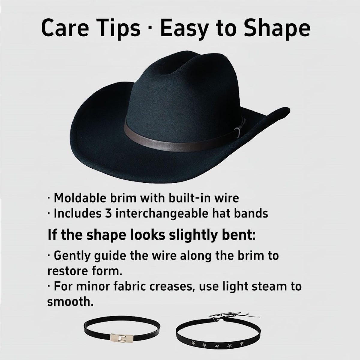 Maixora Western Cowboy Hat Men Women 3 Interchangeable Bands Wide Brim Felt Cattleman Cowboy Cowgirl Fedora Sheriff Costume