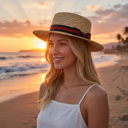 Classic Straw Boater Hat for Men and Women,Vintage Skimmer Flat Top Hat