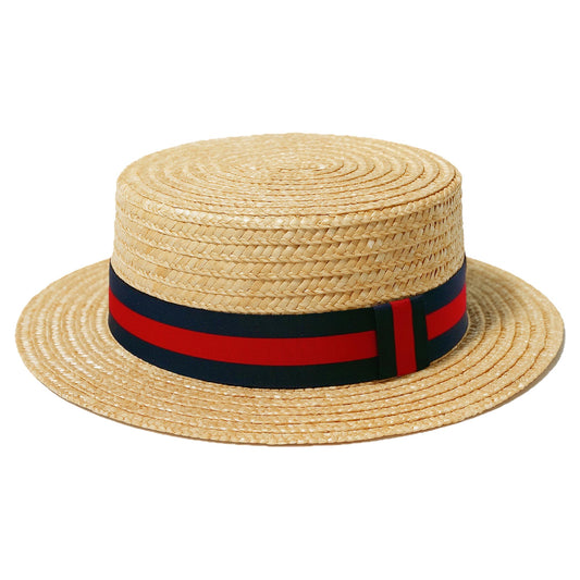 Straw Boater Hat for Men and Women, Flat Top Skimmer Hat for Amish Costumes — RedBlue One Size