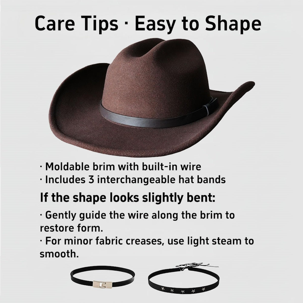 Maixora Western Cowboy Hat Men Women 3 Interchangeable Bands Wide Brim Felt Cattleman Cowboy Cowgirl Fedora Sheriff Costume