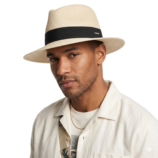Straw Panama Hat for Men and Women, Adjustable Fedora Sun Hat for Summer — Cream + Black Ribbon 7 1/8–7 1/4