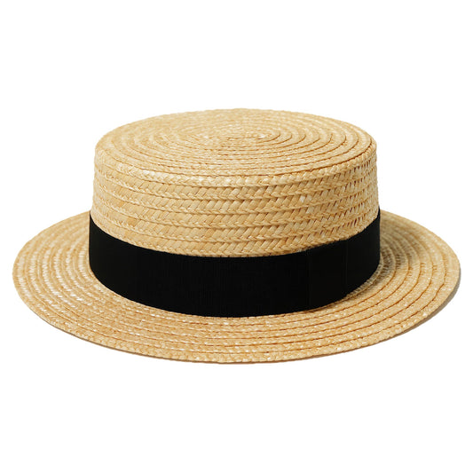 Straw Boater Hat for Men and Women, Flat Top Skimmer Hat for Amish Costumes — Black One Size