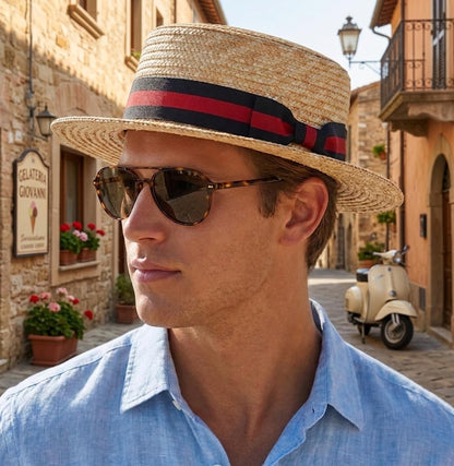 Classic Straw Boater Hat for Men and Women,Vintage Skimmer Flat Top Hat