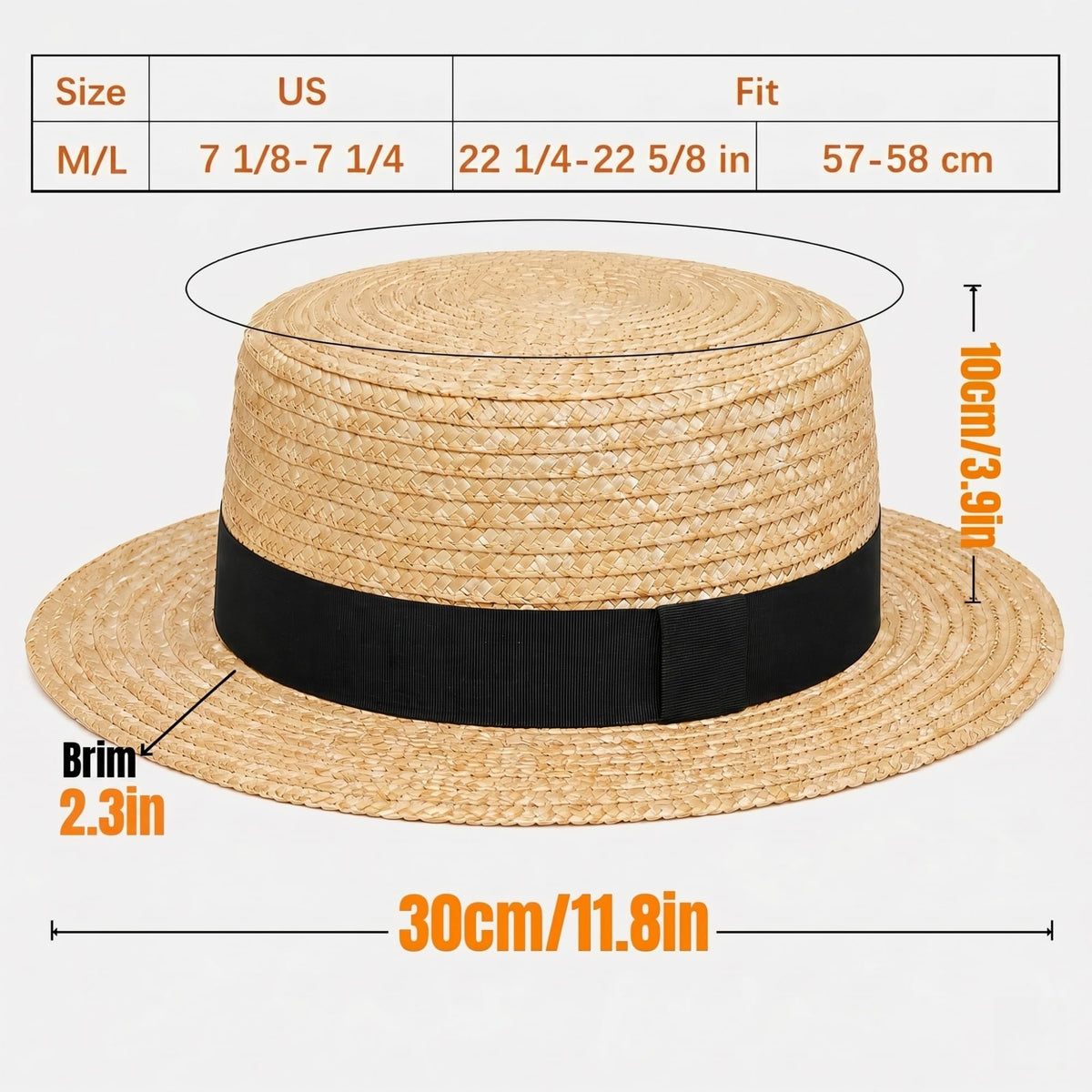 Straw Boater Hat for Men and Women, Flat Top Skimmer Hat for Amish Costumes