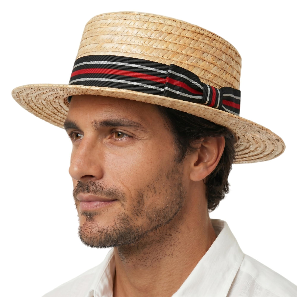 Classic Straw Boater Hat for Men and Women,Vintage Skimmer Flat Top Hat — Black Red White Ribbon 7 1/8–7 1/4