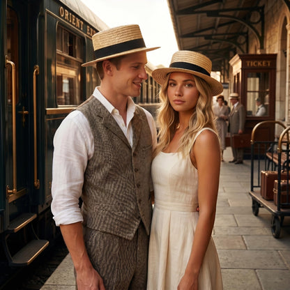 Straw Boater Hat for Men and Women, Flat Top Skimmer Hat for Amish Costumes