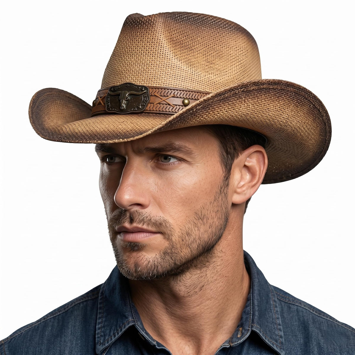Maixora Straw Cowboy Hat for Men Women, Western Wide Brim Cowgirl Hat — Brown 7 1/4