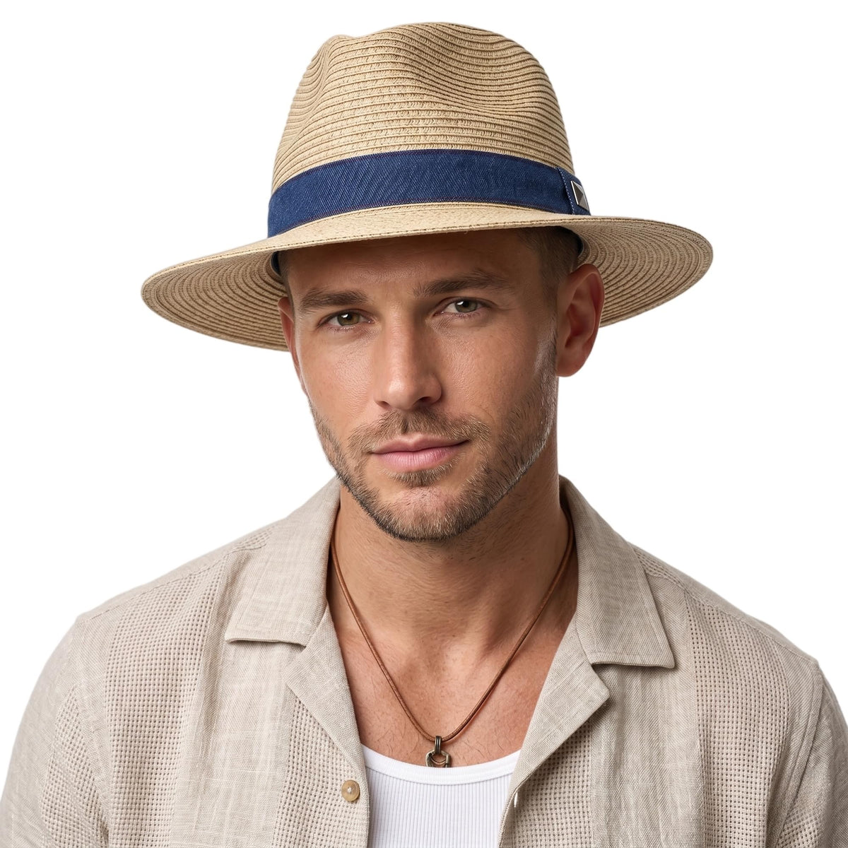 Straw Panama Hat for Men and Women, Adjustable Fedora Sun Hat for Summer — Natural-Navy Ribbon 7 1/8–7 1/4