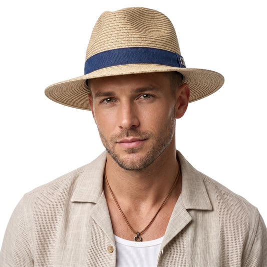 Straw Panama Hat for Men and Women, Adjustable Fedora Sun Hat for Summer — Natural-Navy Ribbon 7 1/8–7 1/4