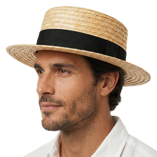 Classic Straw Boater Hat for Men and Women,Vintage Skimmer Flat Top Hat — Black Ribbon 7 1/8–7 1/4