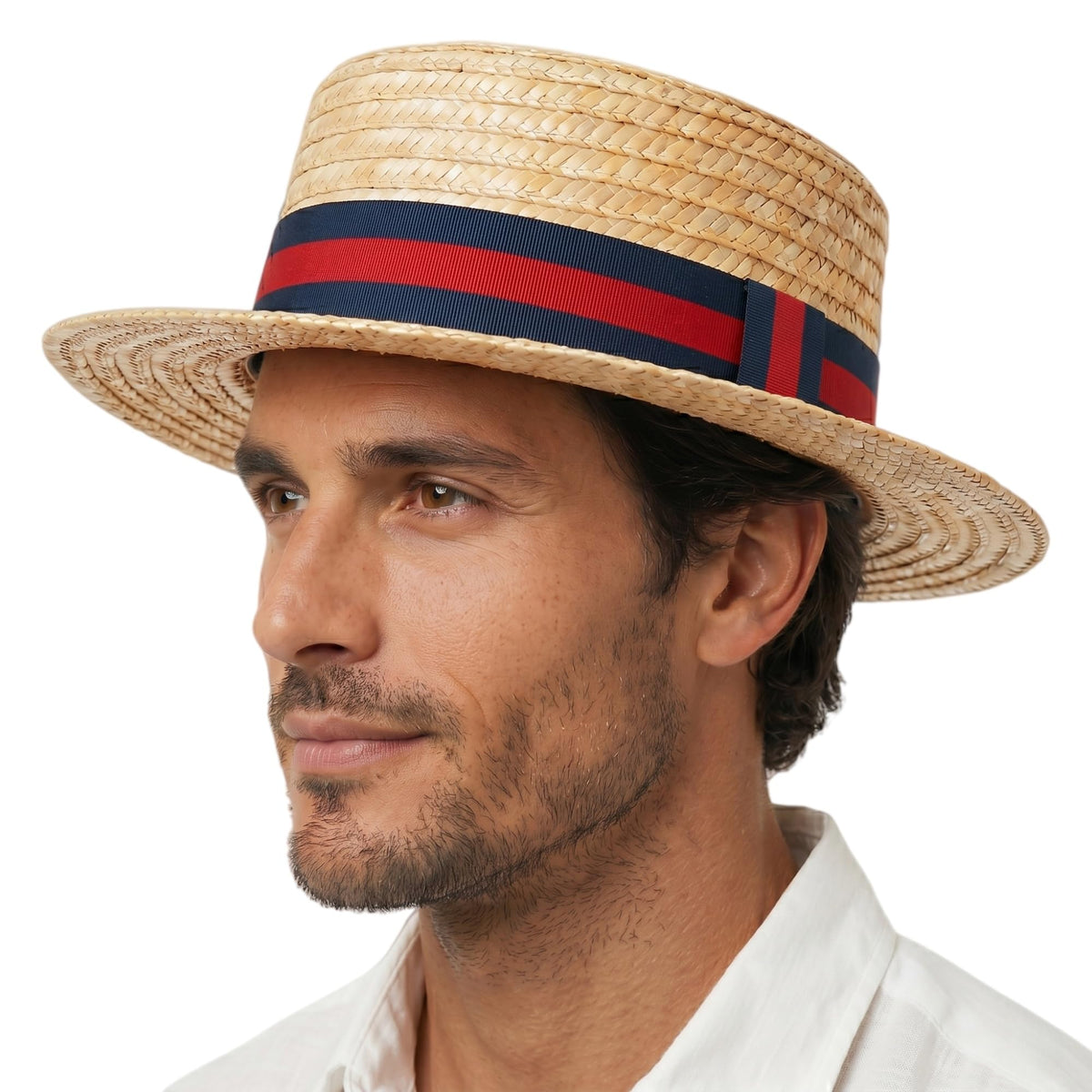 Classic Straw Boater Hat for Men and Women,Vintage Skimmer Flat Top Hat — Blue Red Ribbon 7 1/8–7 1/4