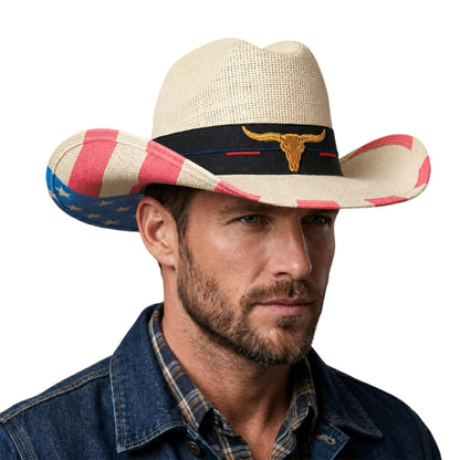 Maixora Cattleman Straw Western Cowboy Hat for Men Women, American Flag Hat — Natural 7 1/4