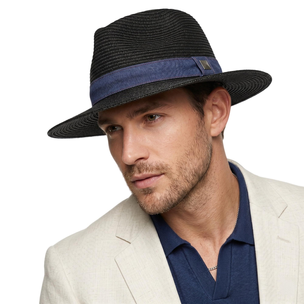 Straw Panama Hat for Men and Women, Adjustable Fedora Sun Hat for Summer — Black + Navy Ribbon 7 1/8–7 1/4