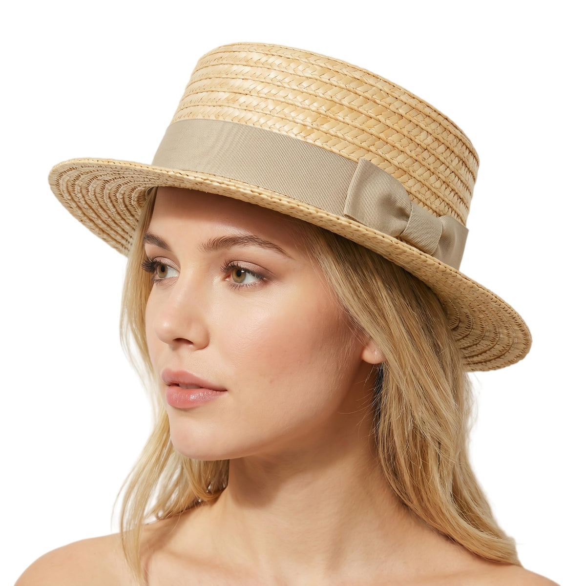 Classic Straw Boater Hat for Men and Women,Vintage Skimmer Flat Top Hat — Beige Ribbon 7 1/8–7 1/4