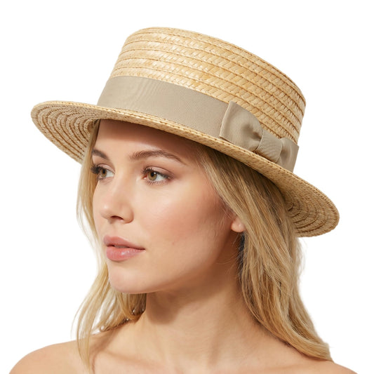 Classic Straw Boater Hat for Men and Women,Vintage Skimmer Flat Top Hat — Beige Ribbon 7 1/8–7 1/4