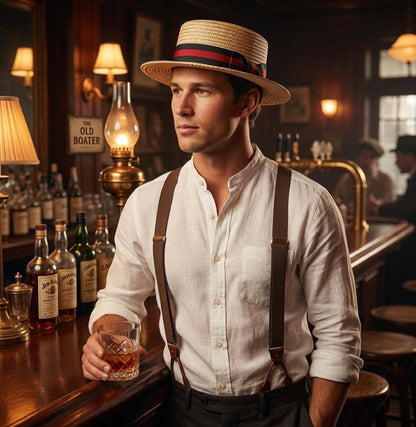 Classic Straw Boater Hat for Men and Women,Vintage Skimmer Flat Top Hat