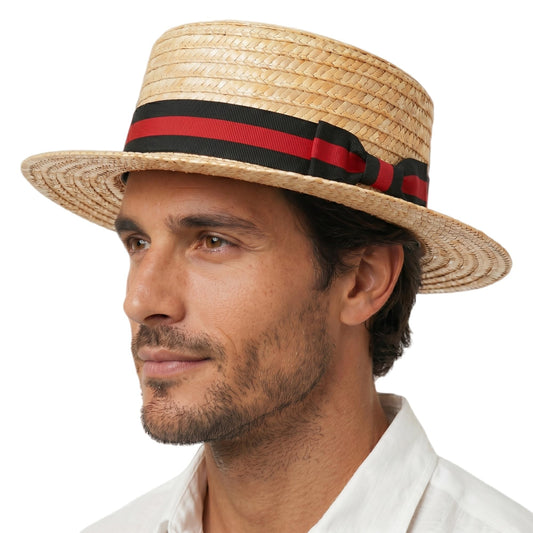 Classic Straw Boater Hat for Men and Women,Vintage Skimmer Flat Top Hat — Black Red Ribbon 7 1/8–7 1/4