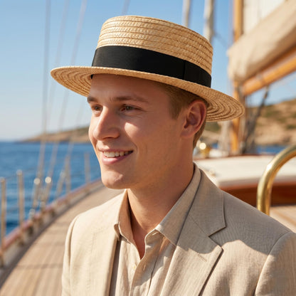 Straw Boater Hat for Men and Women, Flat Top Skimmer Hat for Amish Costumes