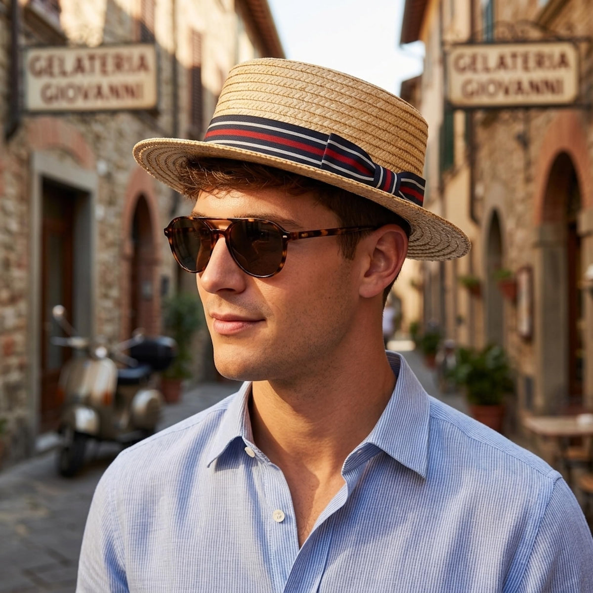 Classic Straw Boater Hat for Men and Women,Vintage Skimmer Flat Top Hat