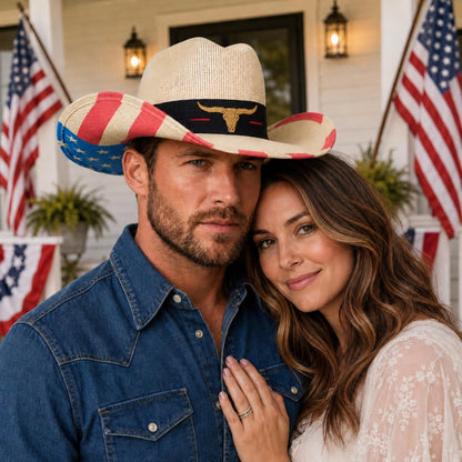 Maixora Cattleman Straw Western Cowboy Hat for Men Women, American Flag Hat