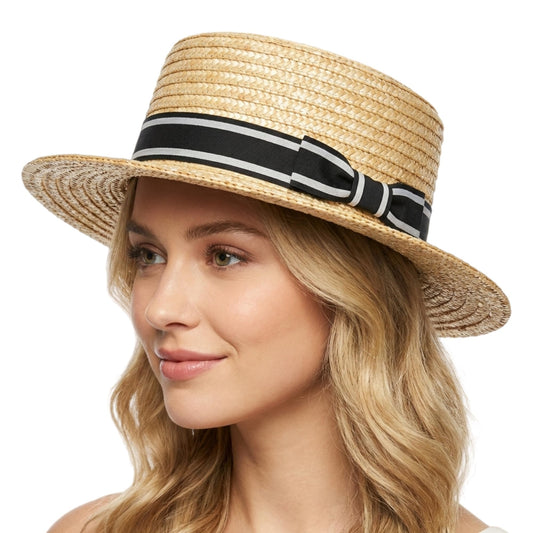 Classic Straw Boater Hat for Men and Women,Vintage Skimmer Flat Top Hat — Black White Ribbon 7 1/8–7 1/4