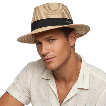 Straw Panama Hat for Men and Women, Adjustable Fedora Sun Hat for Summer — Natural-Black Ribbon 7 1/8–7 1/4