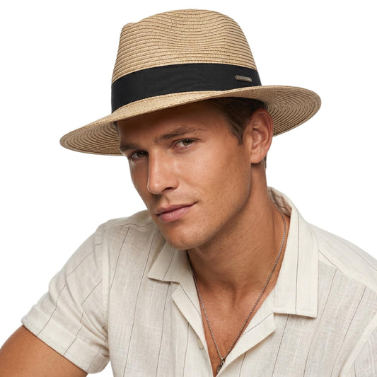Straw Panama Hat for Men and Women, Adjustable Fedora Sun Hat for Summer — Natural-Black Ribbon 7 1/8–7 1/4