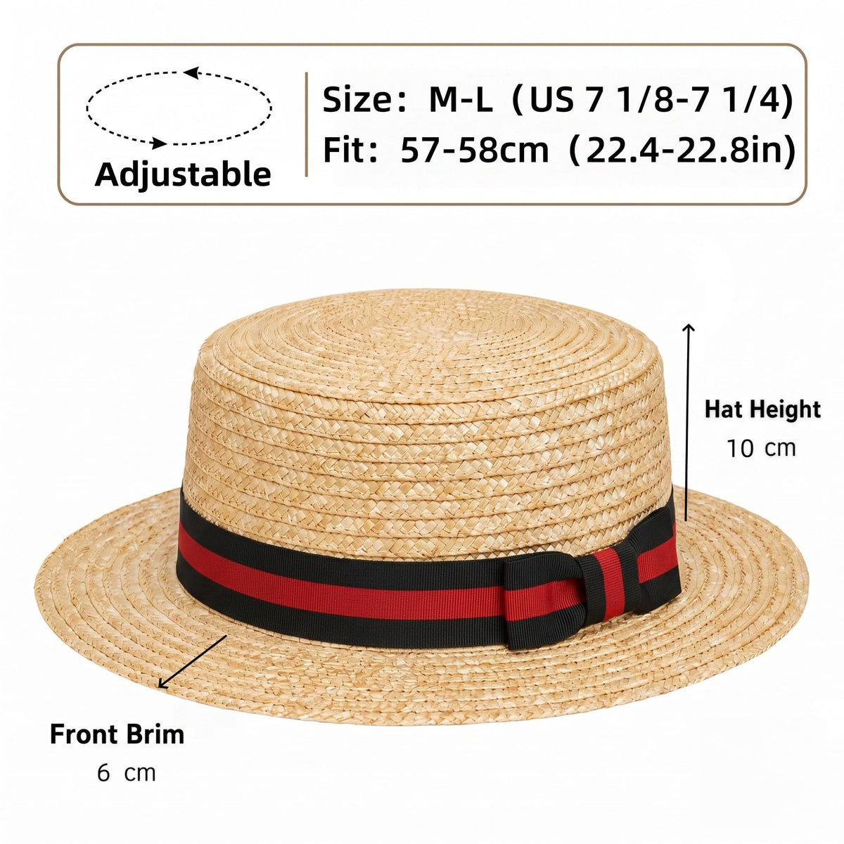 Classic Straw Boater Hat for Men and Women,Vintage Skimmer Flat Top Hat
