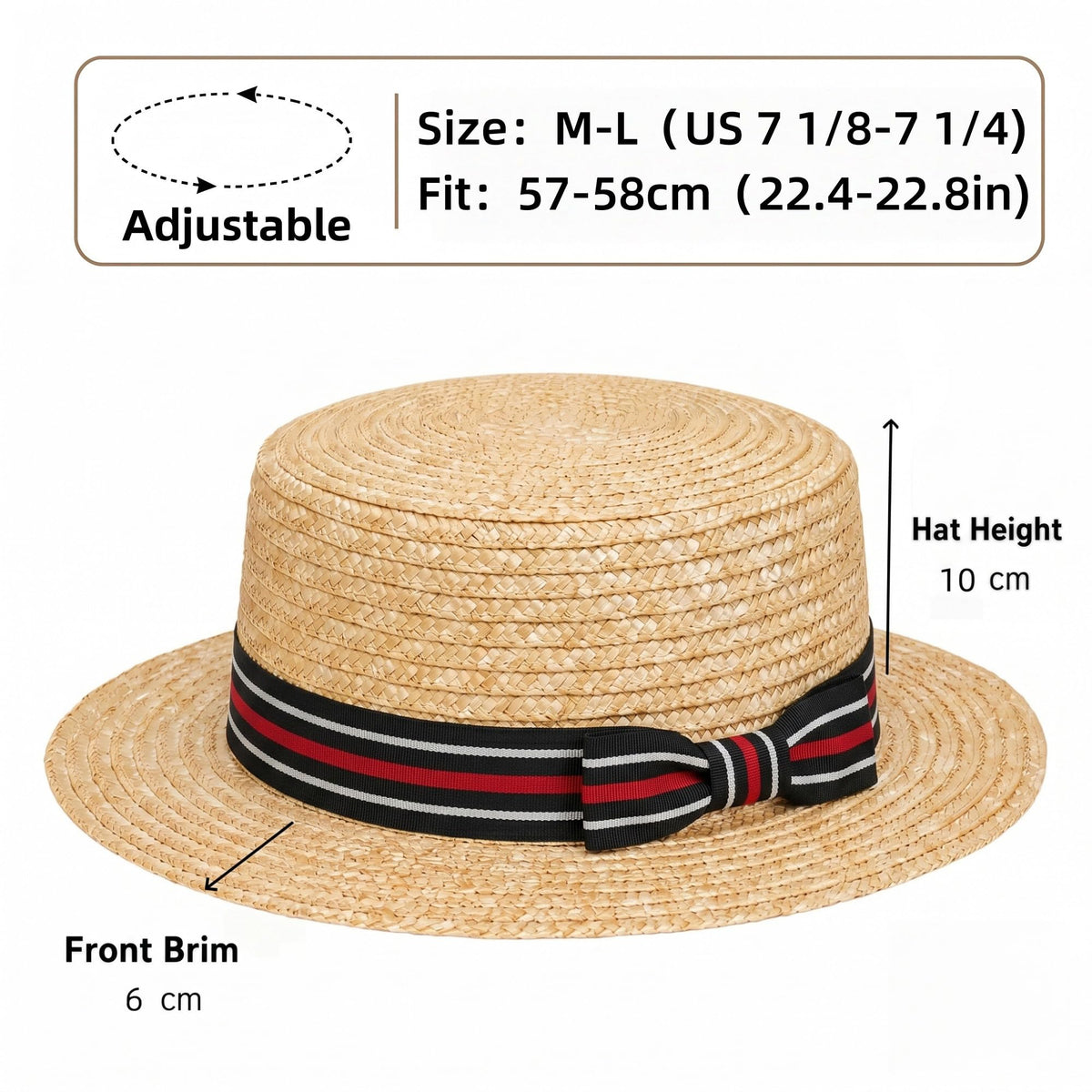 Classic Straw Boater Hat for Men and Women,Vintage Skimmer Flat Top Hat