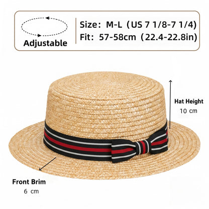 Classic Straw Boater Hat for Men and Women,Vintage Skimmer Flat Top Hat