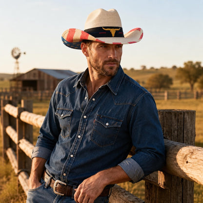 Maixora Cattleman Straw Western Cowboy Hat for Men Women, American Flag Hat