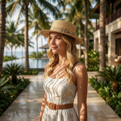 Classic Straw Boater Hat for Men and Women,Vintage Skimmer Flat Top Hat