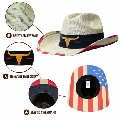Maixora Cattleman Straw Western Cowboy Hat for Men Women, American Flag Hat