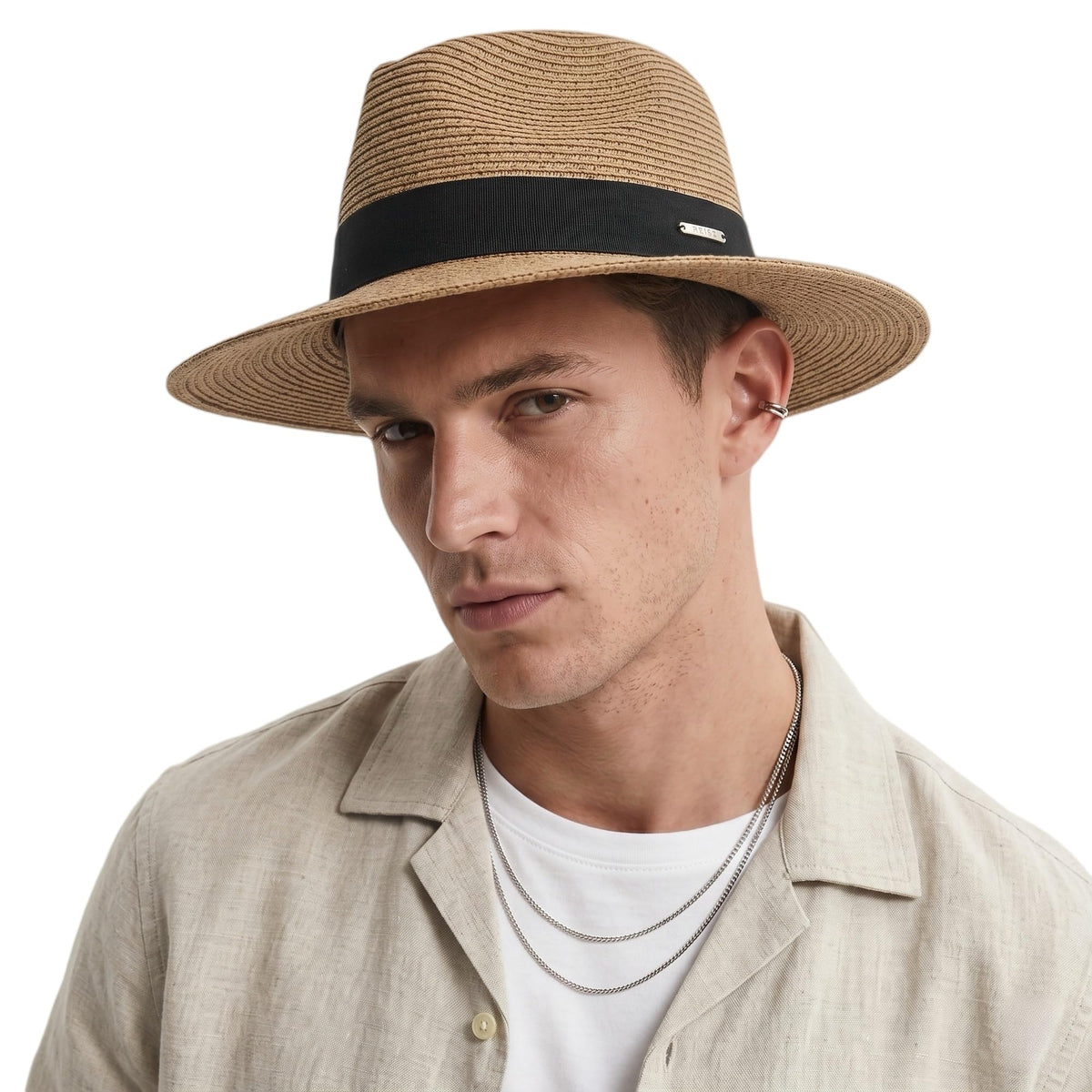 Straw Panama Hat for Men and Women, Adjustable Fedora Sun Hat for Summer — Khaki + Black Ribbon 7 1/8–7 1/4