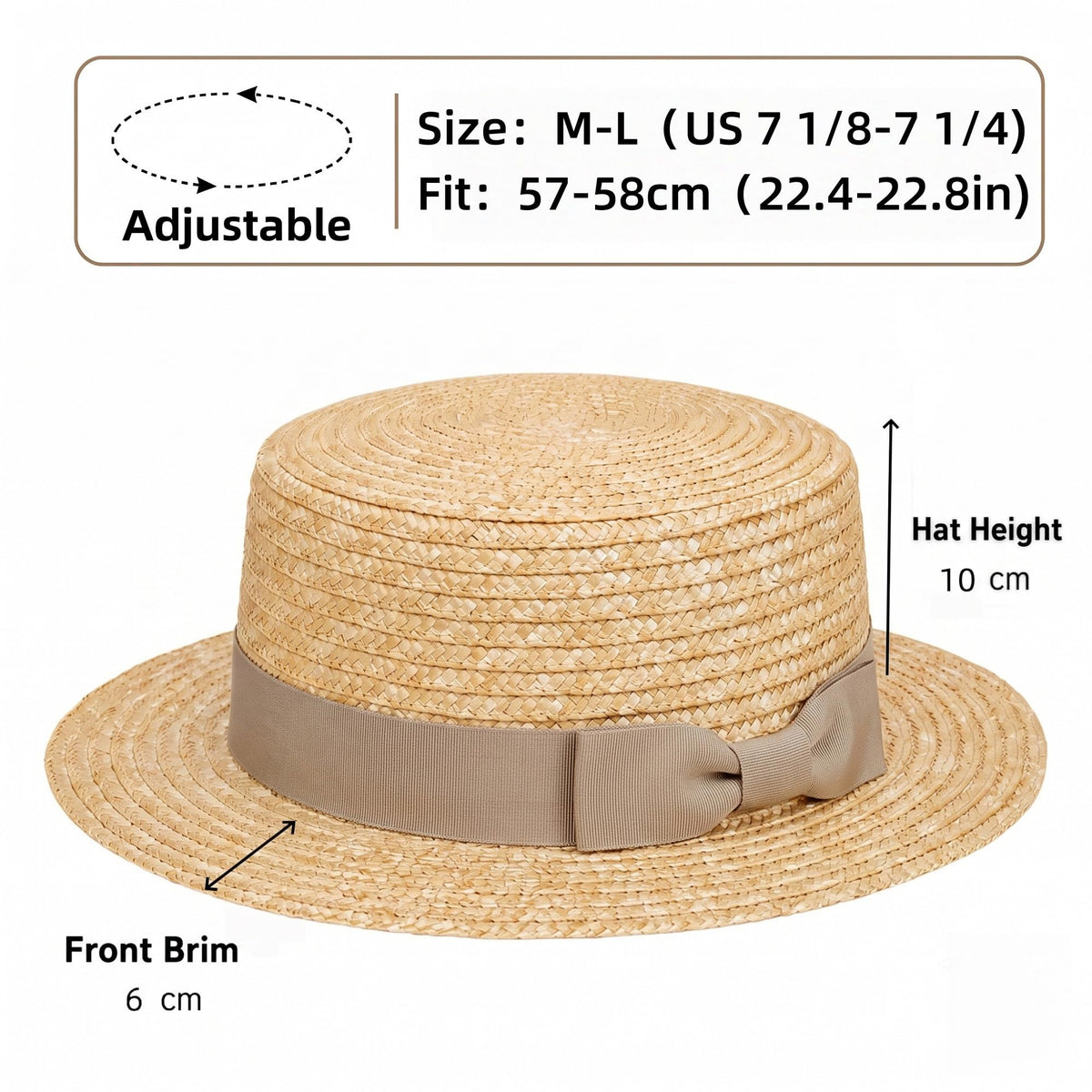 Classic Straw Boater Hat for Men and Women,Vintage Skimmer Flat Top Hat